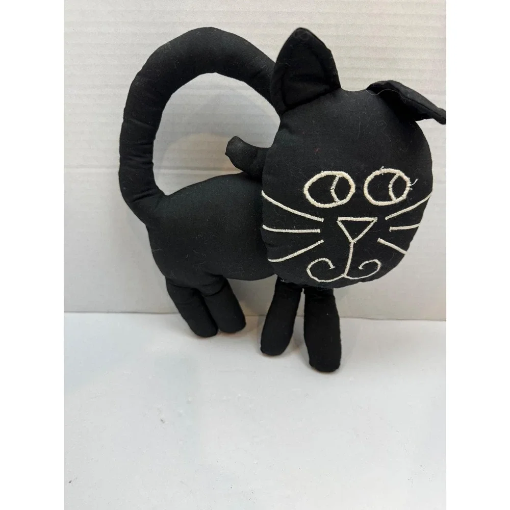 VTG Handmade Black Cloth Cat Plush Folk Art Stuffed Animal Embroidered Halloween
